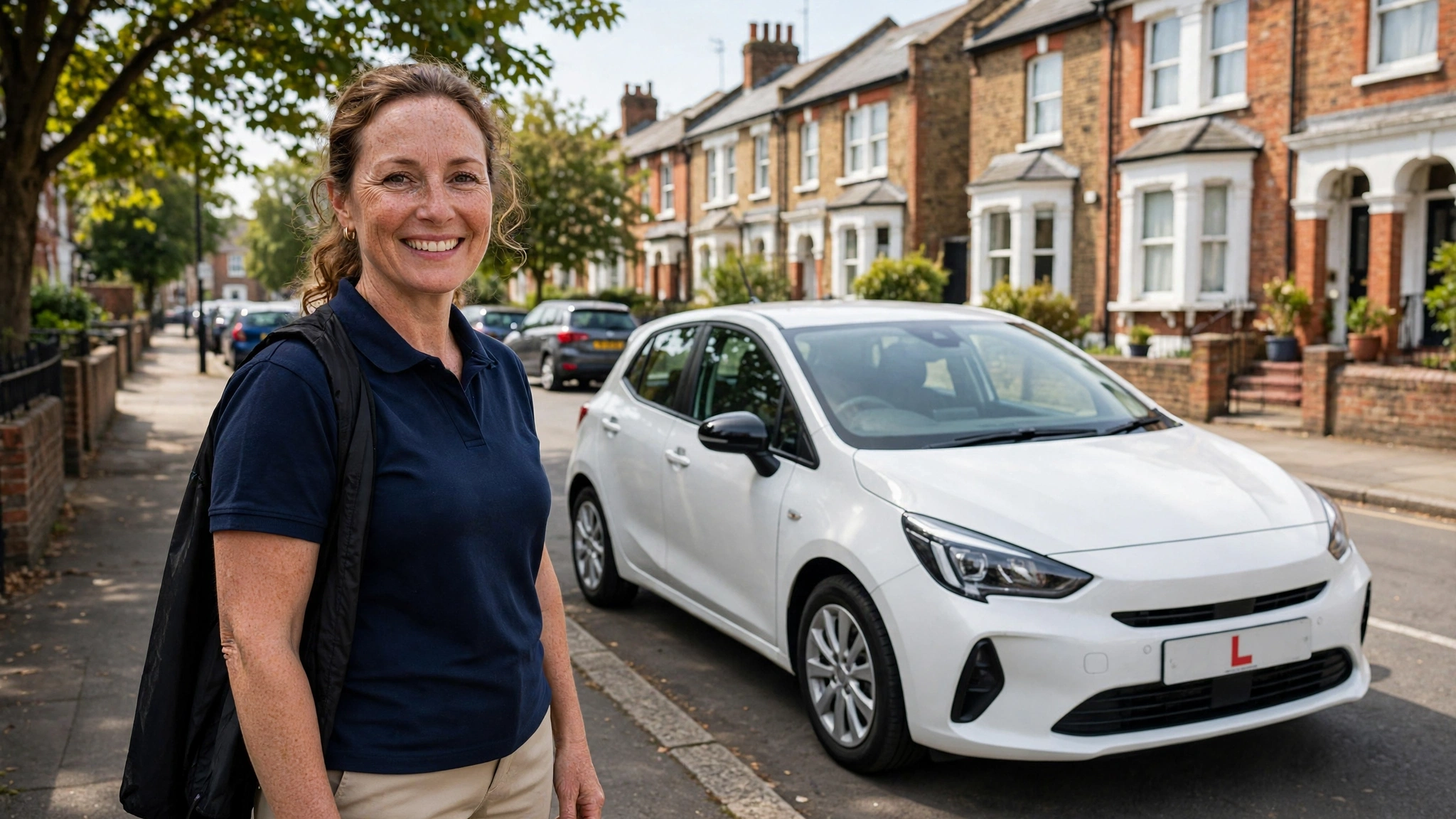 Lady driving instructor with modern driving school car in Turnpike Lane London